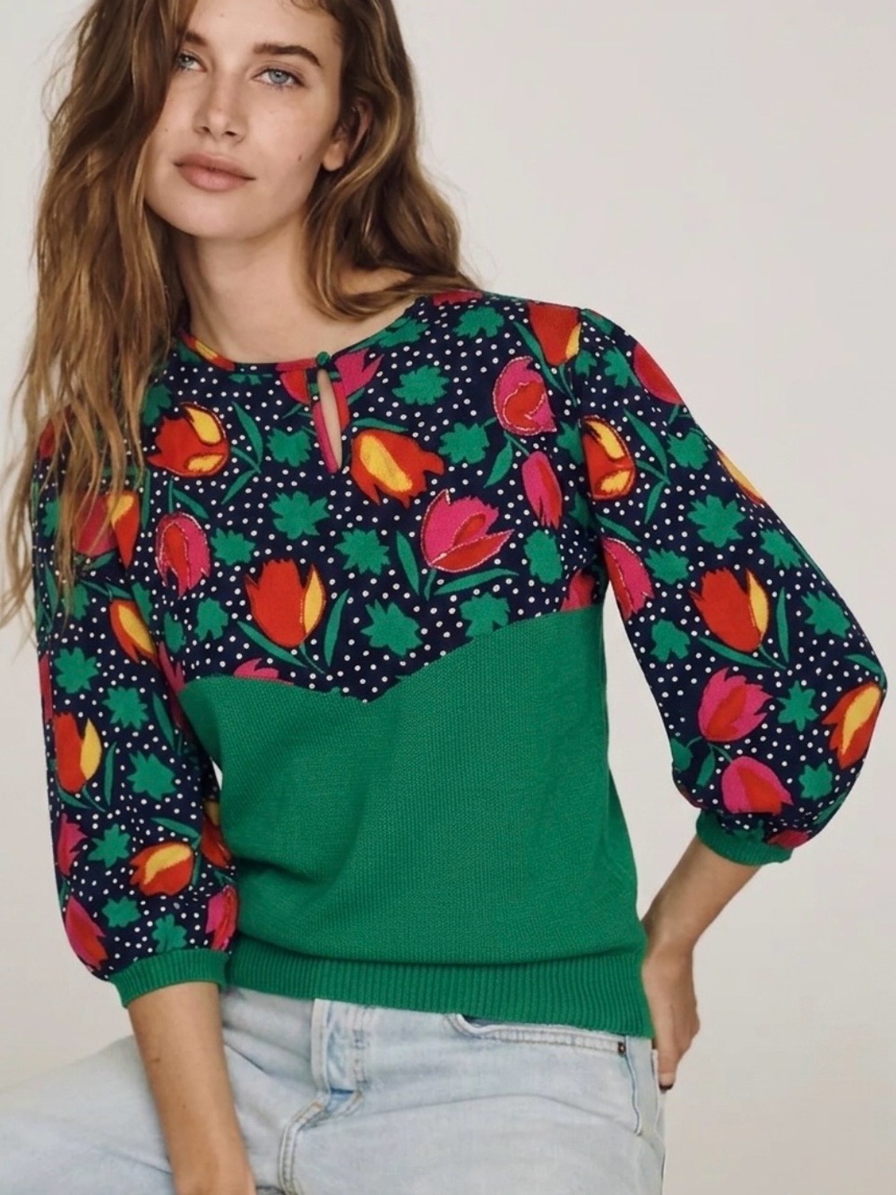 Vintage Tan Jay Floral Beaded Polka Dot Mix Puff Sleeve Sweater Women Size Small